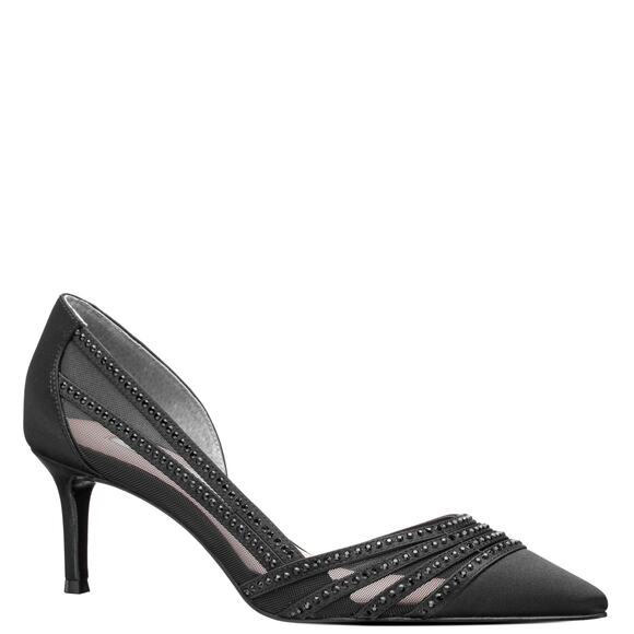 NINA New $99 BLACK SATIN CRYSTAL POINTY-TOE MID-HEEL D'ORSAY PUMP SZ 9 - Picture 1 of 8